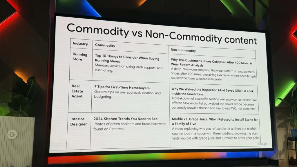Presentation slide titled 'Commodity vs Non-Commodity content' showing a large table with rows such as Running Store and Real Estate Agent, separating commodity and non-commodity content in two columns.